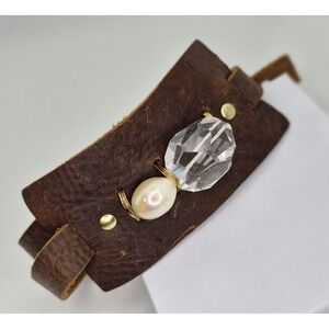 Boho Rustic Leather Wrap Bracelet Crystal & Pearl Accent Boho Cottage Western